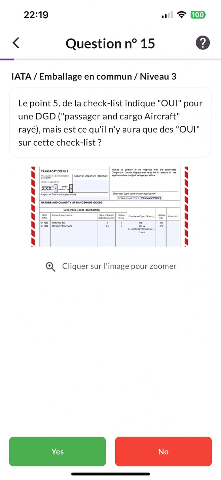 Capture d'écran d'une question sur l'application CBT World Wide