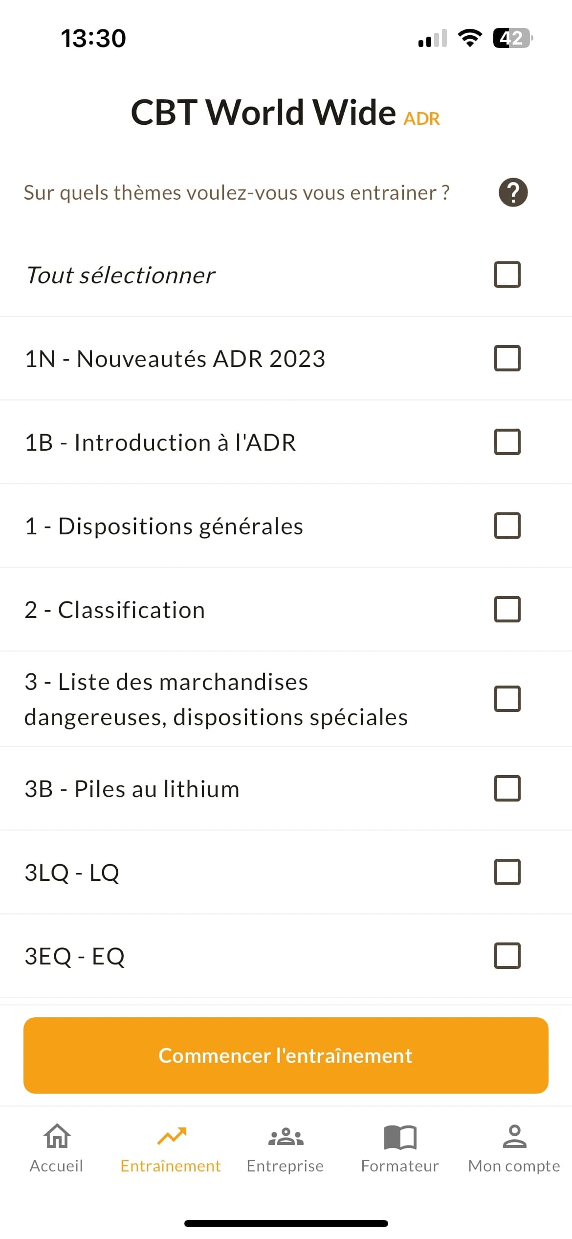 Capture d'écran de la fonction entraînement de l'application CBT World Wide