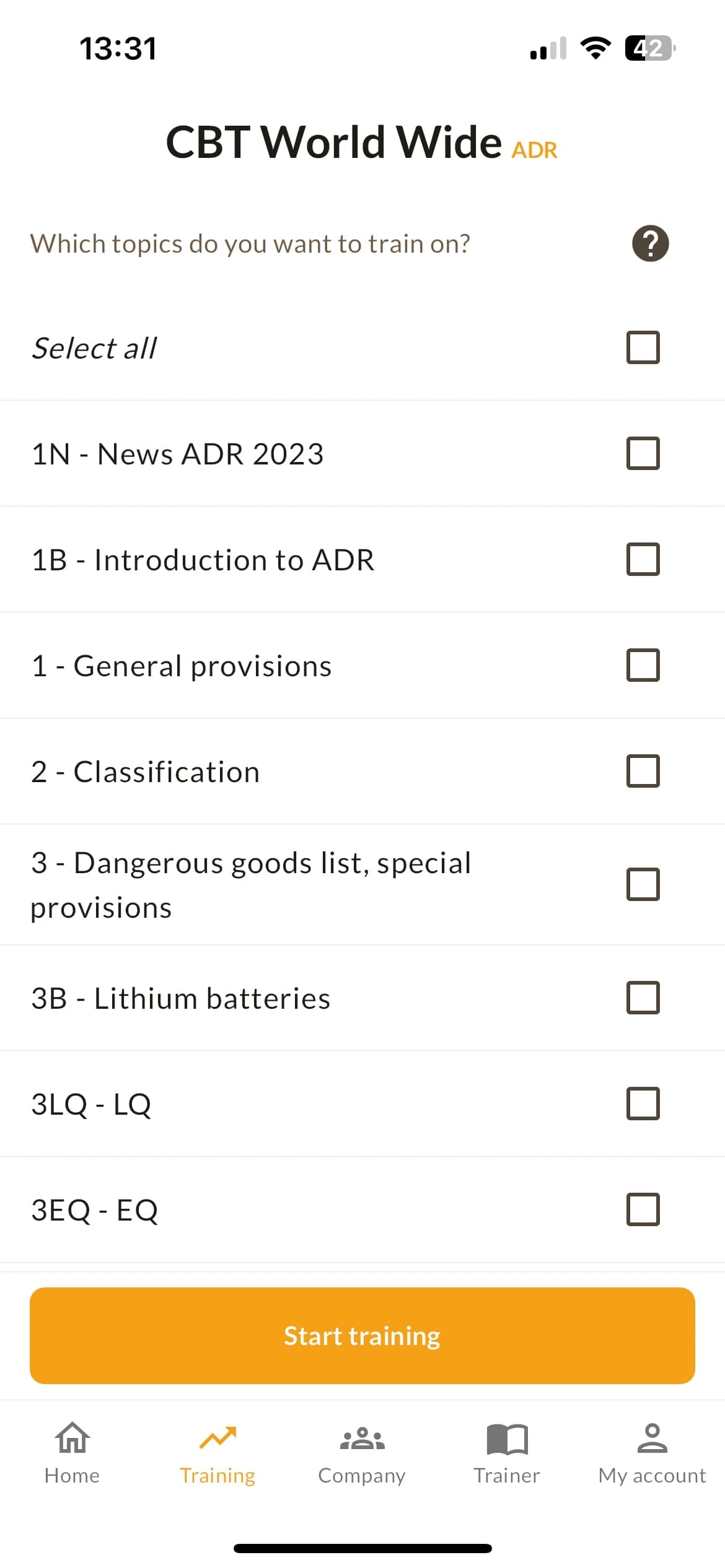 Screenshot of the training function of the CBT World Wide application